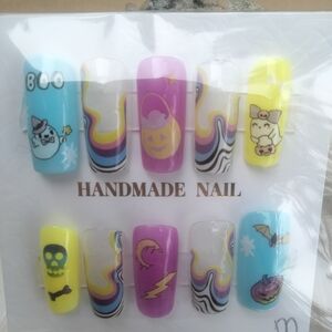 Handmade Halloween Nail Set — Bright Blue, Yellow, Purple, White